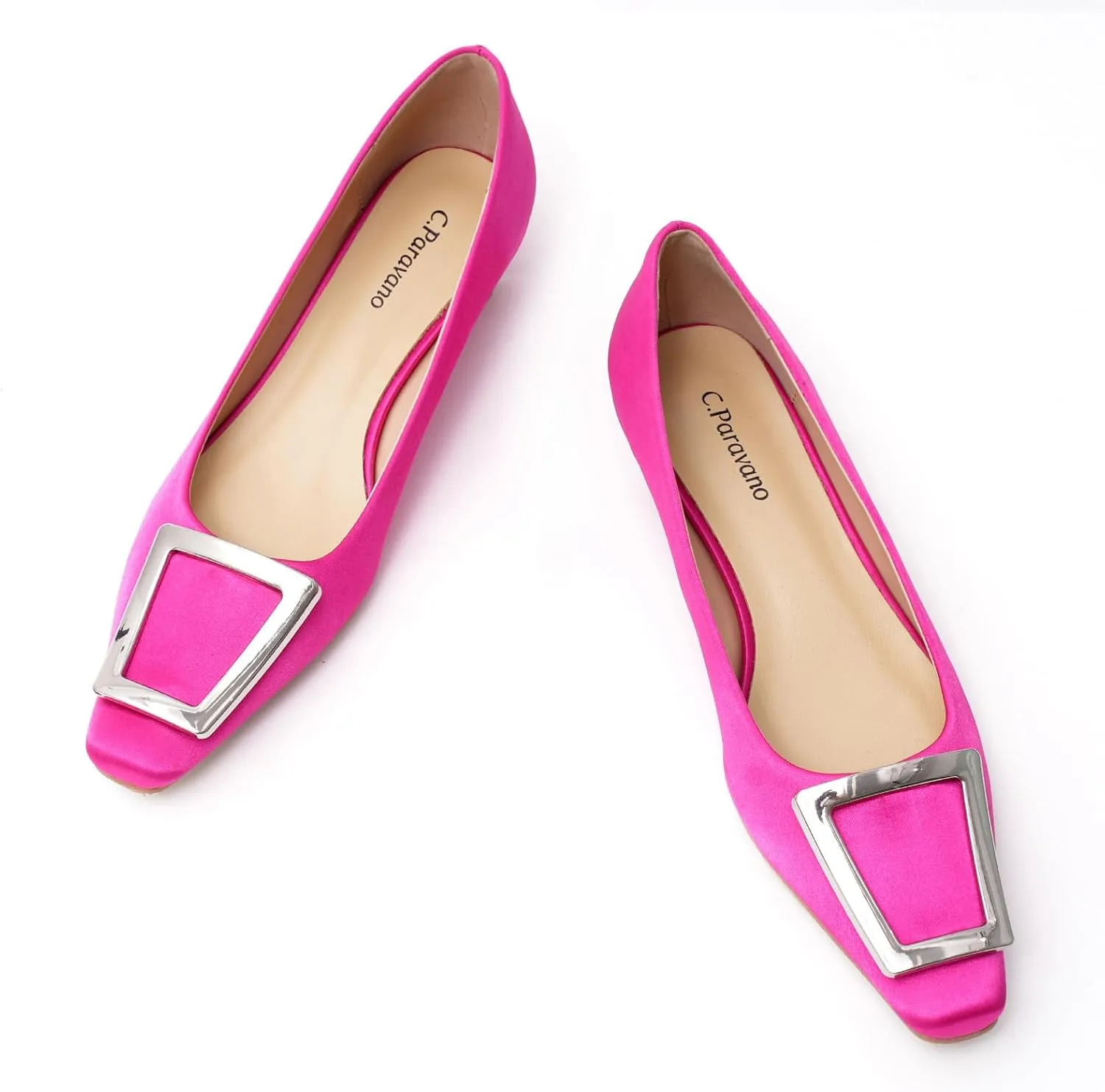 C.Paravano Women's Pumps Square Toe Low Heels Trapezoid Metal Buckle Closed Chunky Heel Dress Shoes Soft Leather Low Block Heels for Casual Outfits Satin(Hotpink,8.5)