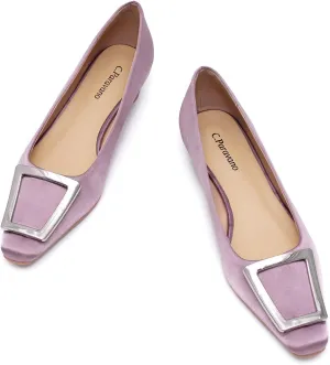 C.Paravano Women's Pumps Square Toe Low Heels Trapezoid Metal Buckle Closed Chunky Heel Dress Shoes Soft Leather Low Block Heels for Casual Outfits Satin(Purple,7.5)