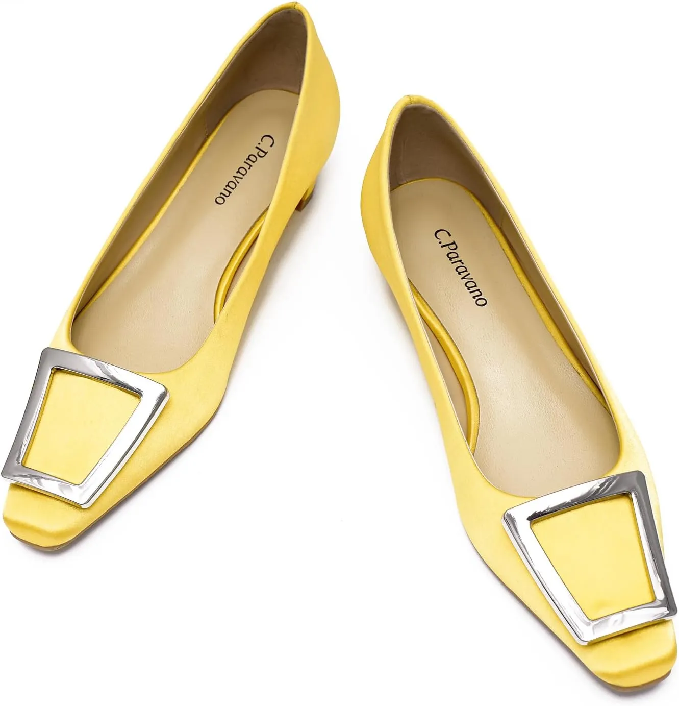 C.Paravano Women's Pumps Square Toe Low Heels Trapezoid Metal Buckle Closed Chunky Heel Dress Shoes Soft Leather Low Block Heels for Casual Outfits Satin(Yellow,10.5)