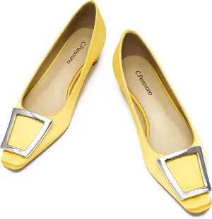 C.Paravano Women's Pumps Square Toe Low Heels Trapezoid Metal Buckle Closed Chunky Heel Dress Shoes Soft Leather Low Block Heels for Casual Outfits Satin(Yellow,10.5)