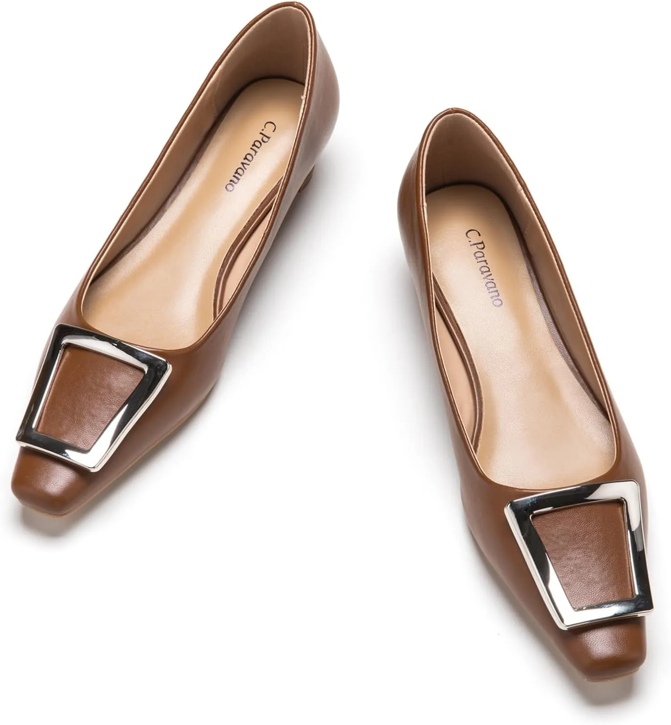 C.Paravano Women's Pumps Square Toe Low Heels Trapezoid Metal Buckle Closed Chunky Heel Dress Shoes Soft Leather Low Block Heels for Casual Outfits Soft Lambskin(Brown,10.5)