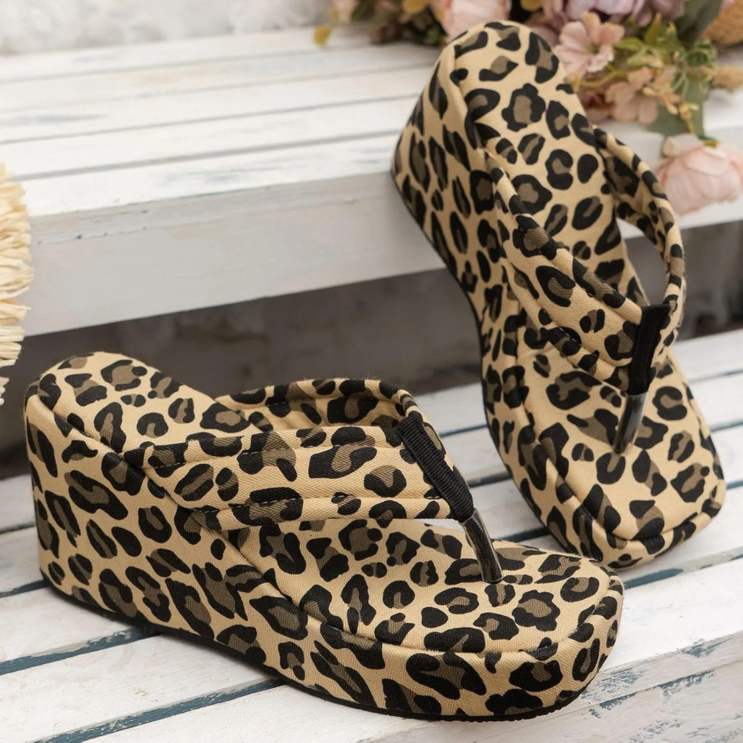 Denim Flip Flops Wedge Heel Women's Summer New Thick Soled High Heeled Platform Womens Sandals with Arch Support