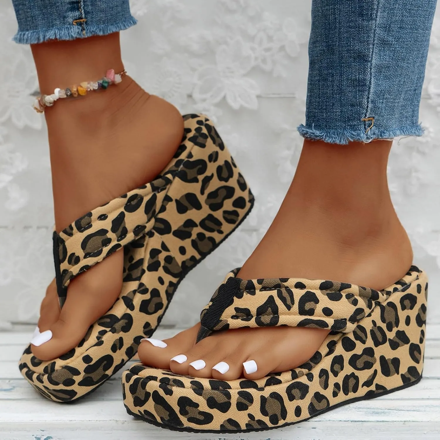 Denim Flip Flops Wedge Heel Women's Summer New Thick Soled High Heeled Platform Womens Sandals with Arch Support