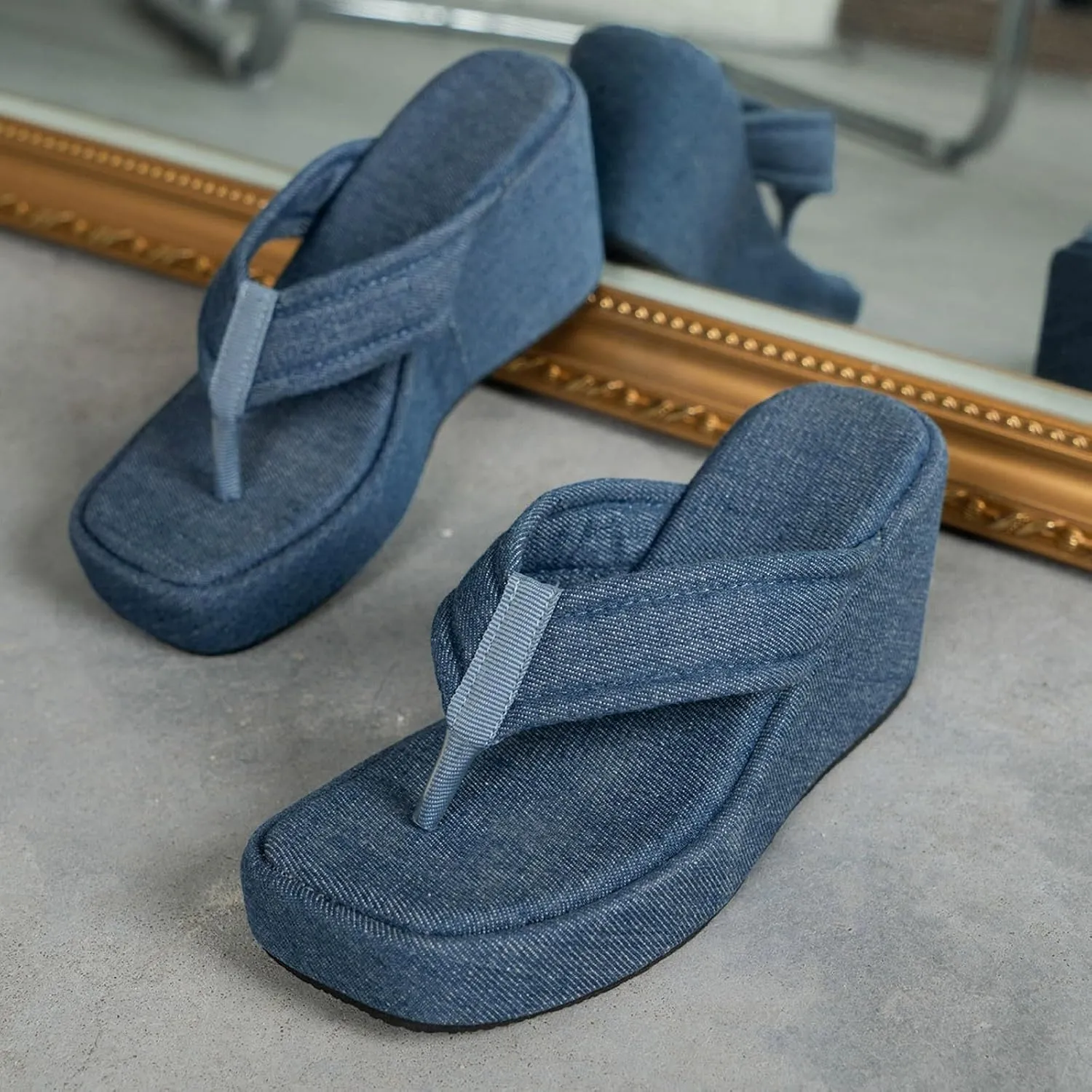 Denim Flip Flops Wedge Heel Women's Summer New Thick Soled High Heeled Platform Womens Sandals with Arch Support