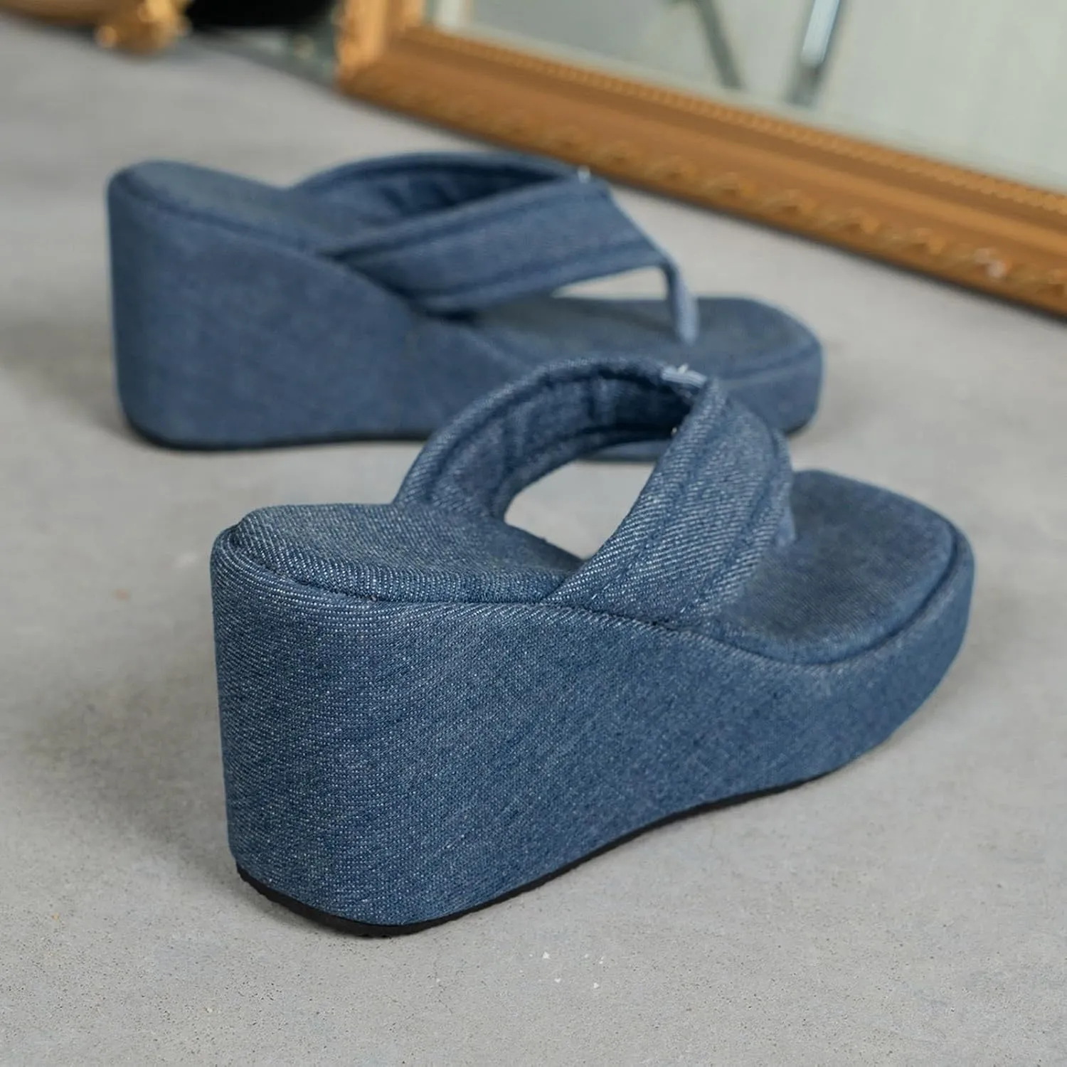 Denim Flip Flops Wedge Heel Women's Summer New Thick Soled High Heeled Platform Womens Sandals with Arch Support