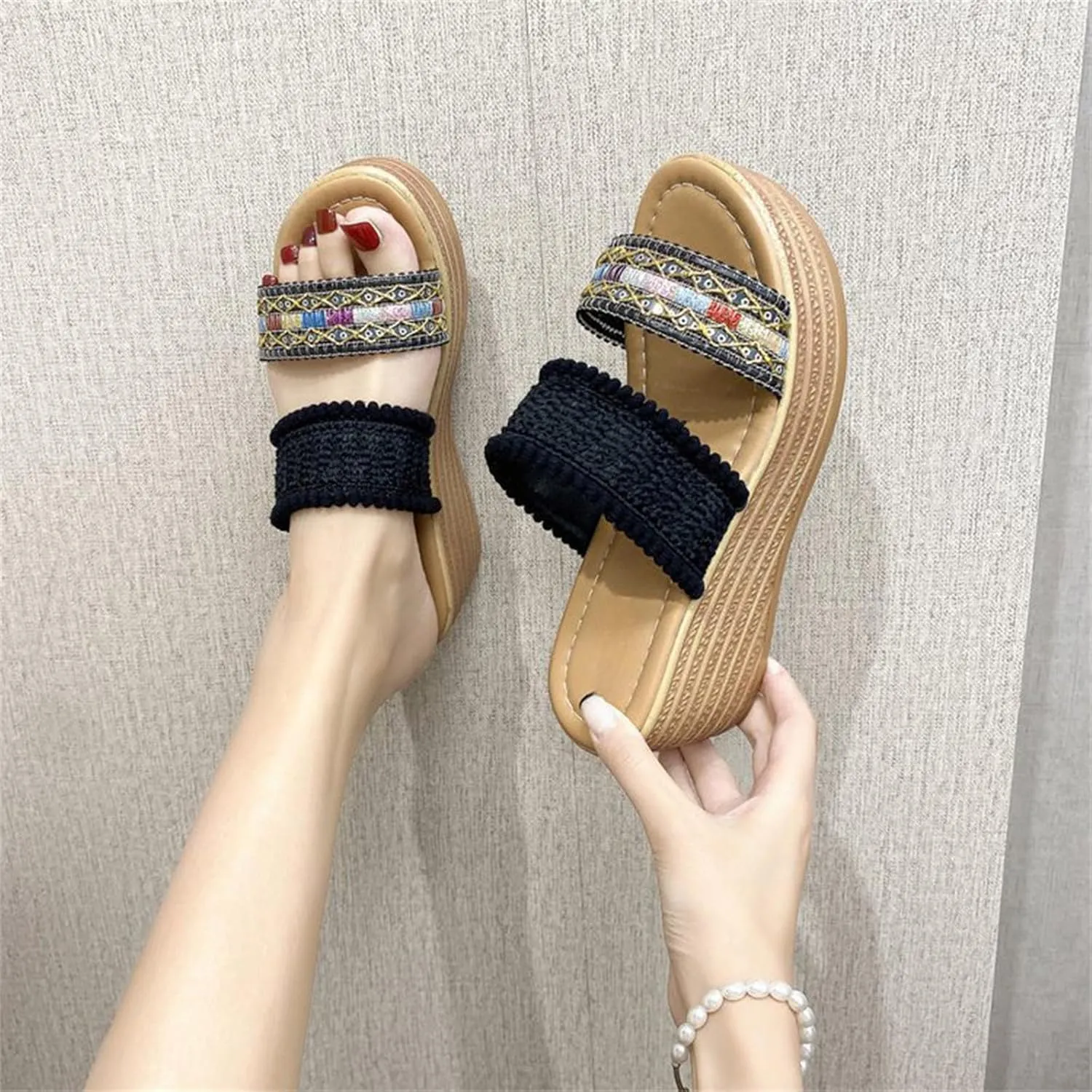 Dressy Wedge Sandals for Women Boho Fashion Summer Shoes Open Toe Low Heel Non Slip Espadrilles Wedges Shoes for Beach