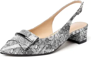 Eldof Women's Slingback Block Heels, Pointed Toe Chunky Low Heel Pumps, Classic Bow Heels Dress Shoes for Ladies Office Wedding Work Evening