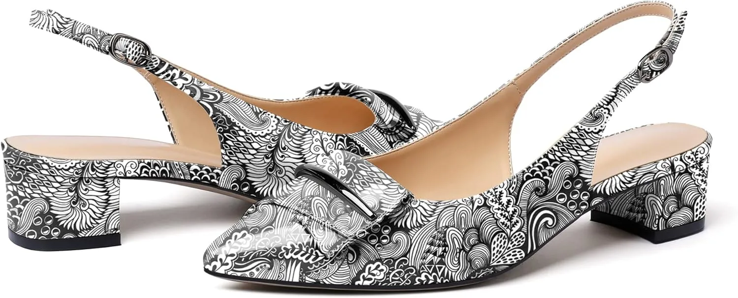 Eldof Women's Slingback Block Heels, Pointed Toe Chunky Low Heel Pumps, Classic Bow Heels Dress Shoes for Ladies Office Wedding Work Evening