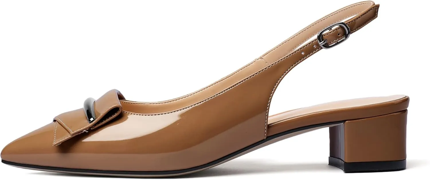 Eldof Women's Slingback Block Heels, Pointed Toe Chunky Low Heel Pumps, Classic Bow Heels Dress Shoes for Ladies Office Wedding Work Evening