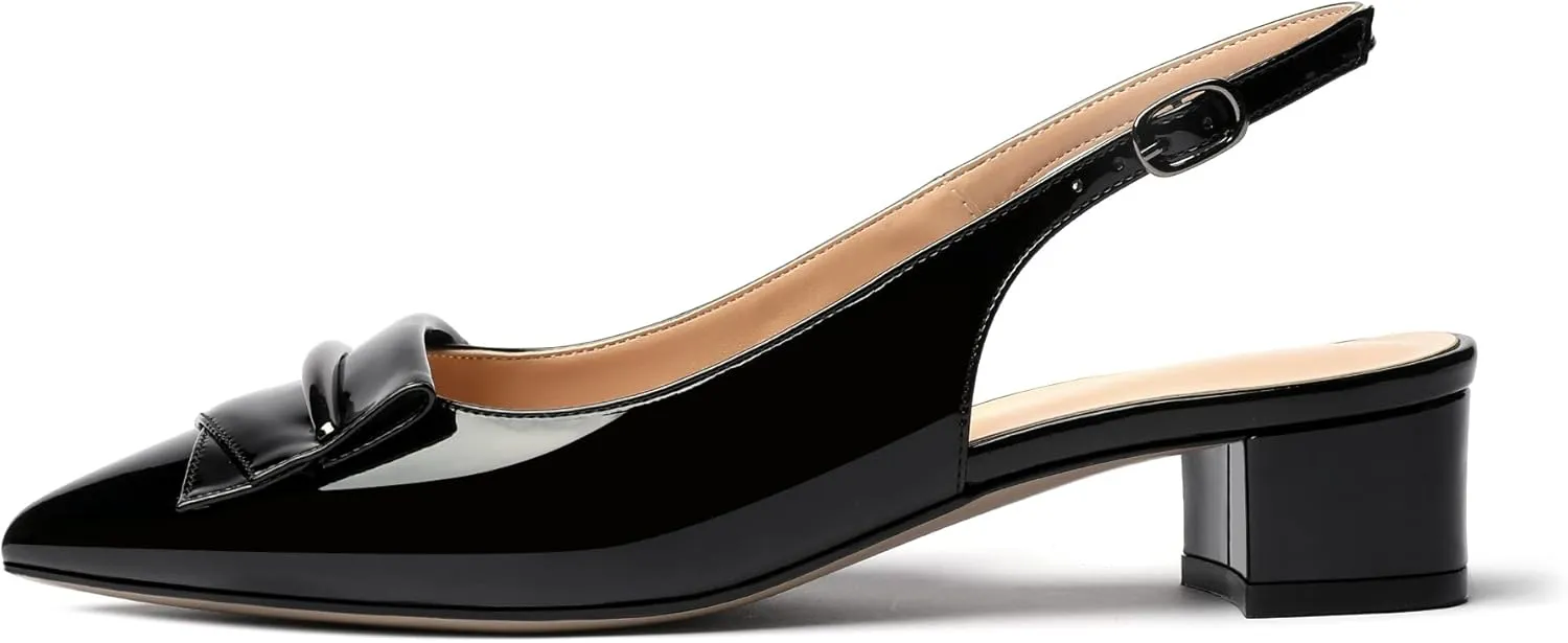 Eldof Women's Slingback Block Heels, Pointed Toe Chunky Low Heel Pumps, Classic Bow Heels Dress Shoes for Ladies Office Wedding Work Evening