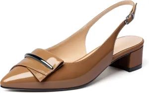 Eldof Women's Slingback Block Heels, Pointed Toe Chunky Low Heel Pumps, Classic Bow Heels Dress Shoes for Ladies Office Wedding Work Evening