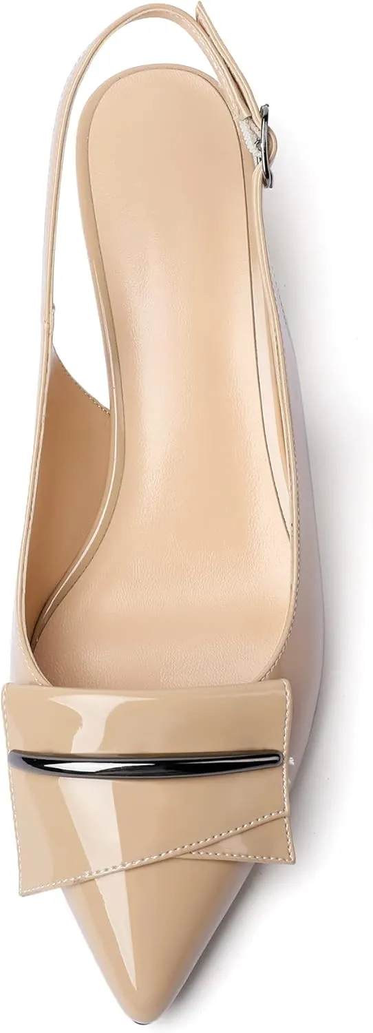 Eldof Women's Slingback Block Heels, Pointed Toe Chunky Low Heel Pumps, Classic Bow Heels Dress Shoes for Ladies Office Wedding Work Evening