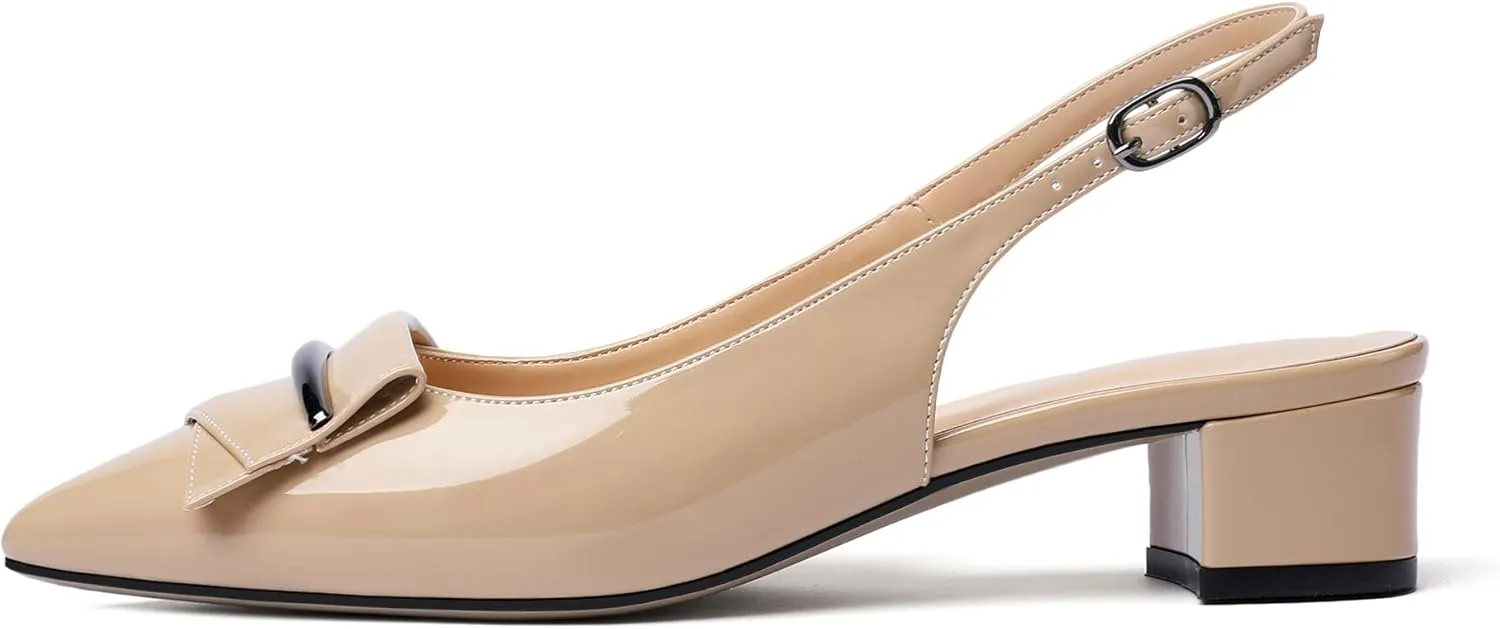 Eldof Women's Slingback Block Heels, Pointed Toe Chunky Low Heel Pumps, Classic Bow Heels Dress Shoes for Ladies Office Wedding Work Evening