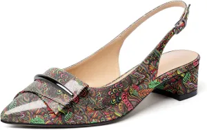 Eldof Women's Slingback Block Heels, Pointed Toe Chunky Low Heel Pumps, Classic Bow Heels Dress Shoes for Ladies Office Wedding Work Evening