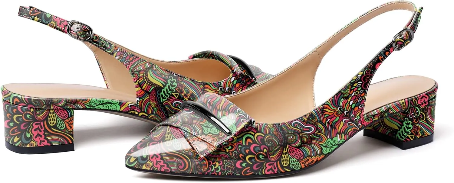 Eldof Women's Slingback Block Heels, Pointed Toe Chunky Low Heel Pumps, Classic Bow Heels Dress Shoes for Ladies Office Wedding Work Evening