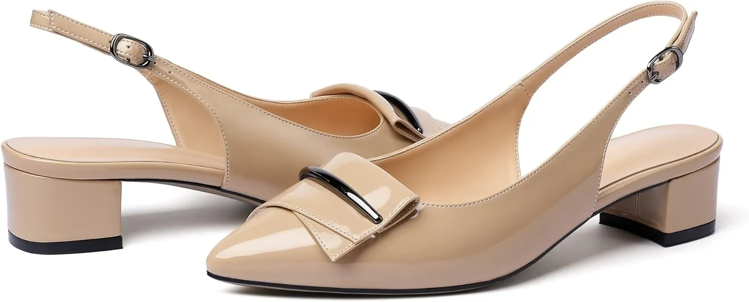 Eldof Women's Slingback Block Heels, Pointed Toe Chunky Low Heel Pumps, Classic Bow Heels Dress Shoes for Ladies Office Wedding Work Evening
