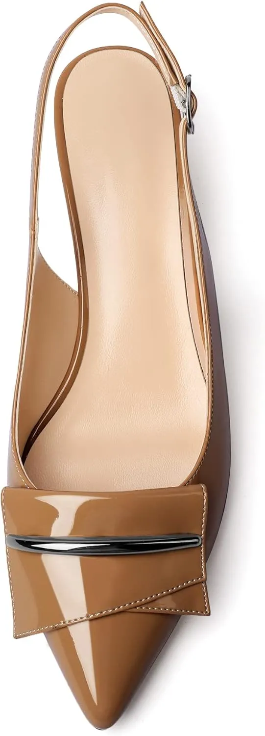 Eldof Women's Slingback Block Heels, Pointed Toe Chunky Low Heel Pumps, Classic Bow Heels Dress Shoes for Ladies Office Wedding Work Evening
