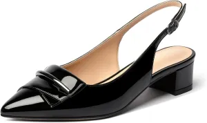 Eldof Women's Slingback Block Heels, Pointed Toe Chunky Low Heel Pumps, Classic Bow Heels Dress Shoes for Ladies Office Wedding Work Evening