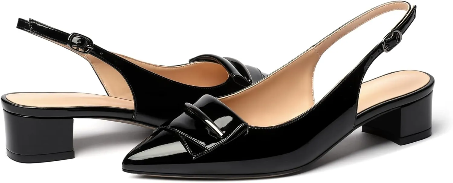 Eldof Women's Slingback Block Heels, Pointed Toe Chunky Low Heel Pumps, Classic Bow Heels Dress Shoes for Ladies Office Wedding Work Evening