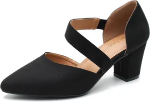Enelauge Women's Closed Toe Pumps Strappy Chunky Heels Pointed Toe Low Block Heels Comfortable Dress Wedding Bride Prom Shoes