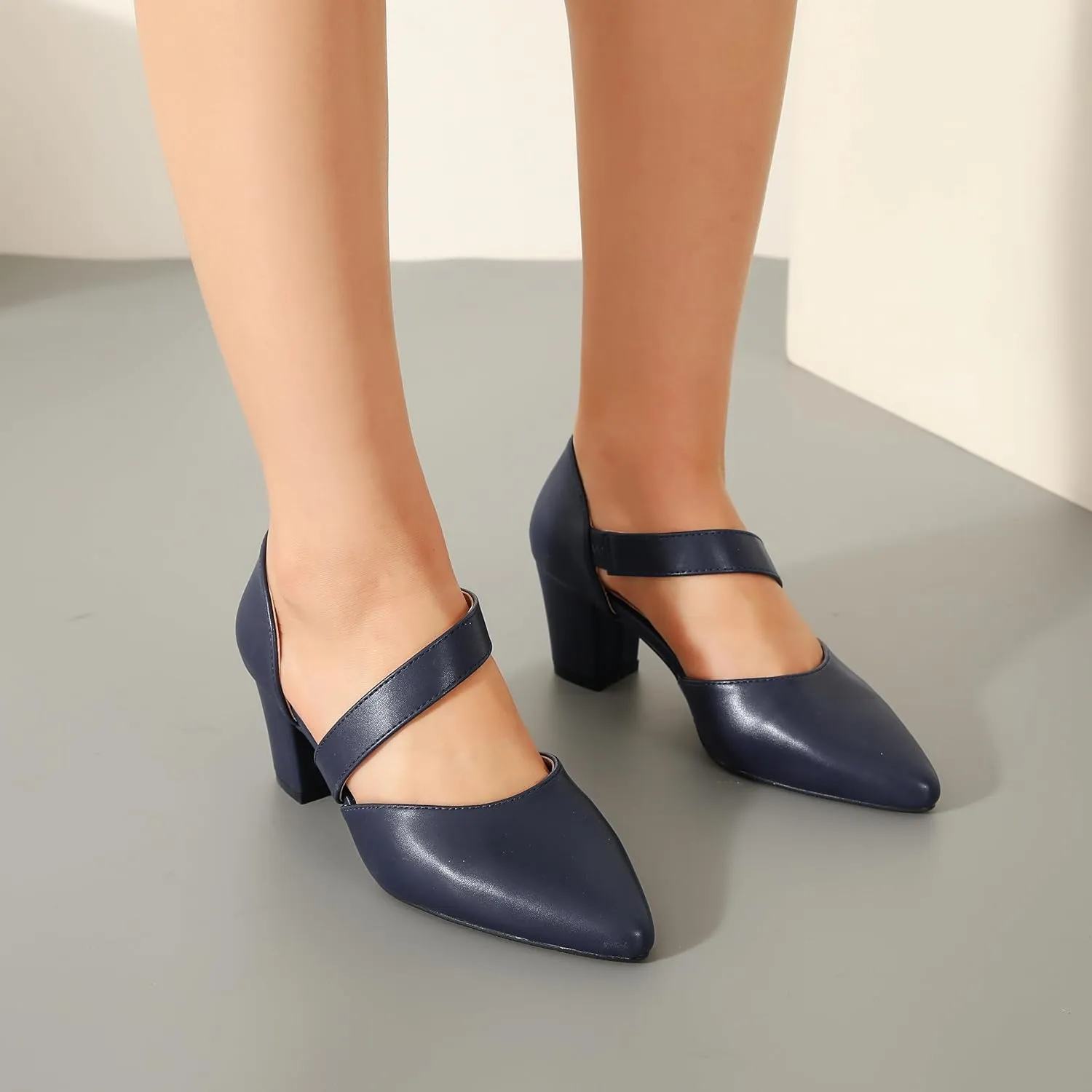 Enelauge Women's Closed Toe Pumps Strappy Chunky Heels Pointed Toe Low Block Heels Comfortable Dress Wedding Bride Prom Shoes