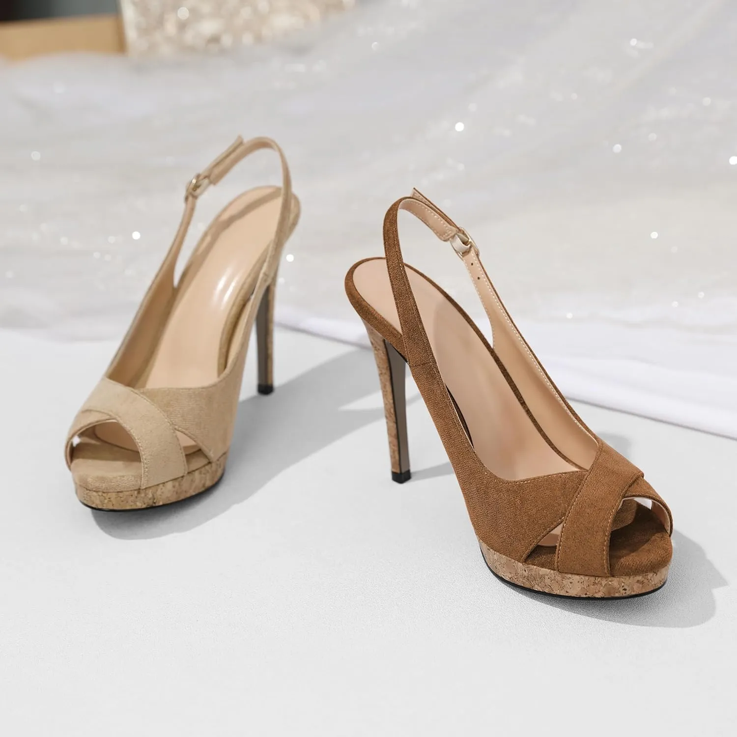 Esvowido Women's Peep Toe High Heels Slingback Cork Heel Platform Stilettos Heeled Sandals Wedding Party Dress Shoes