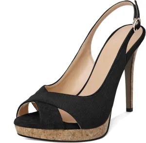 Esvowido Women's Peep Toe High Heels Slingback Cork Heel Platform Stilettos Heeled Sandals Wedding Party Dress Shoes