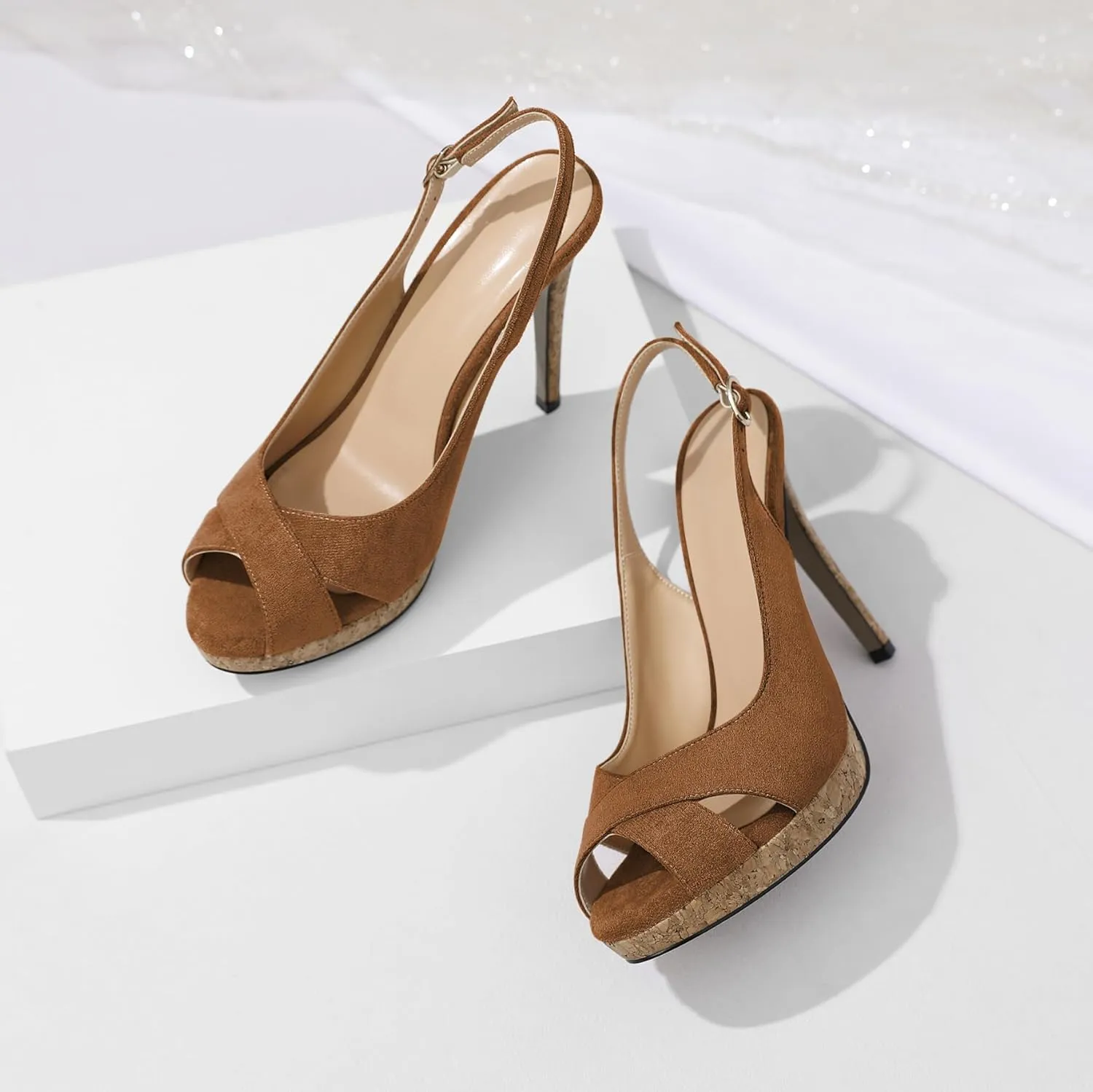 Esvowido Women's Peep Toe High Heels Slingback Cork Heel Platform Stilettos Heeled Sandals Wedding Party Dress Shoes