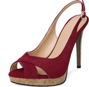 Esvowido Women's Peep Toe High Heels Slingback Cork Heel Platform Stilettos Heeled Sandals Wedding Party Dress Shoes