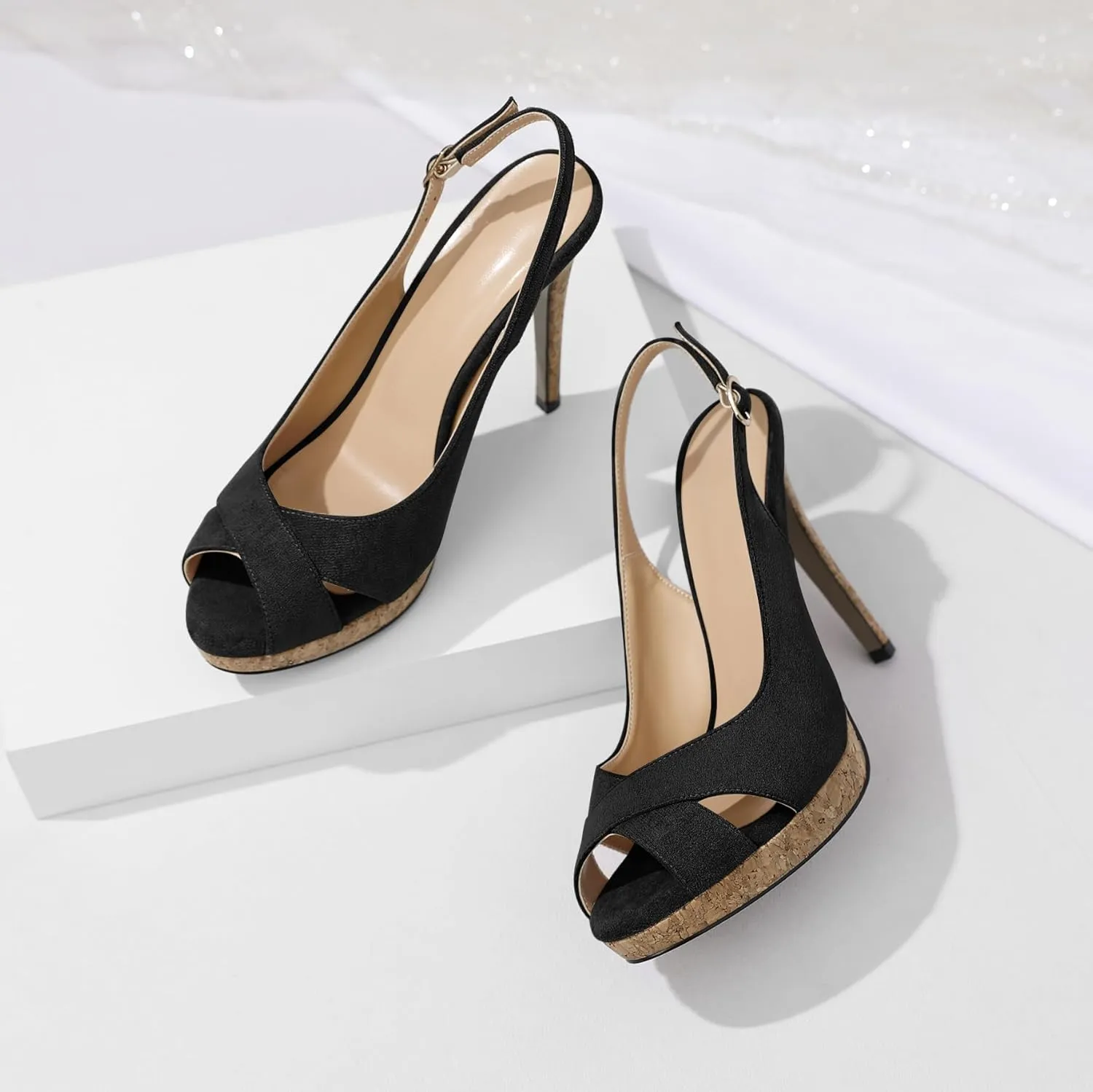 Esvowido Women's Peep Toe High Heels Slingback Cork Heel Platform Stilettos Heeled Sandals Wedding Party Dress Shoes