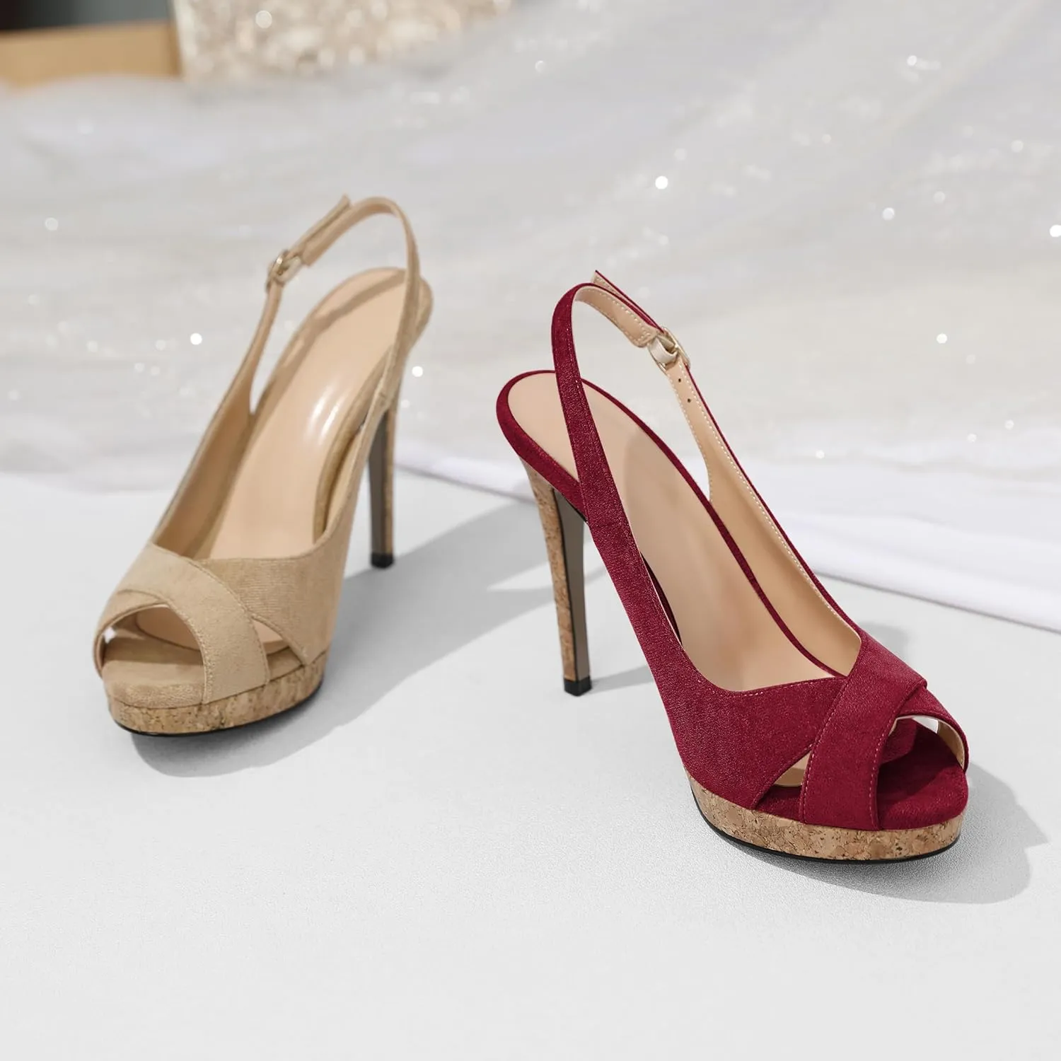 Esvowido Women's Peep Toe High Heels Slingback Cork Heel Platform Stilettos Heeled Sandals Wedding Party Dress Shoes