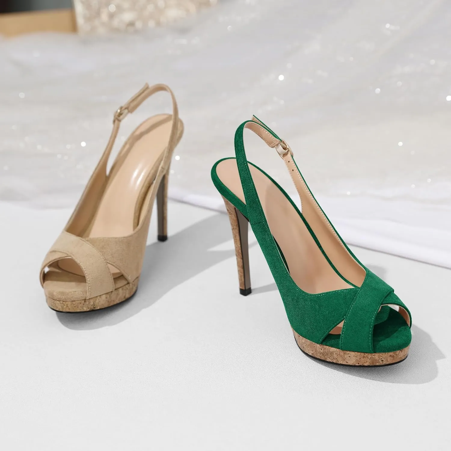 Esvowido Women's Peep Toe High Heels Slingback Cork Heel Platform Stilettos Heeled Sandals Wedding Party Dress Shoes