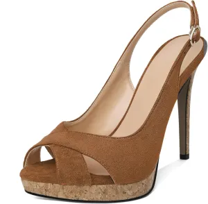 Esvowido Women's Peep Toe High Heels Slingback Cork Heel Platform Stilettos Heeled Sandals Wedding Party Dress Shoes