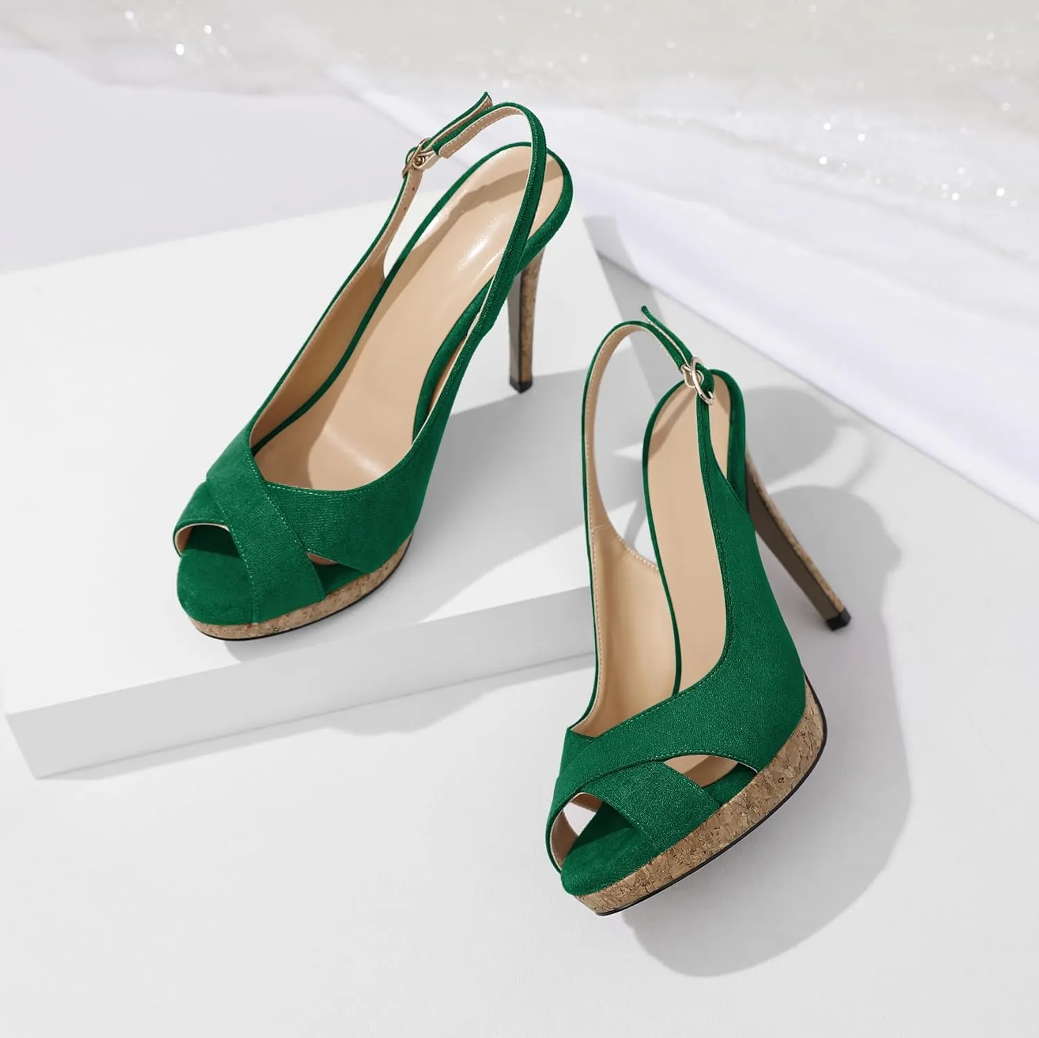 Esvowido Women's Peep Toe High Heels Slingback Cork Heel Platform Stilettos Heeled Sandals Wedding Party Dress Shoes