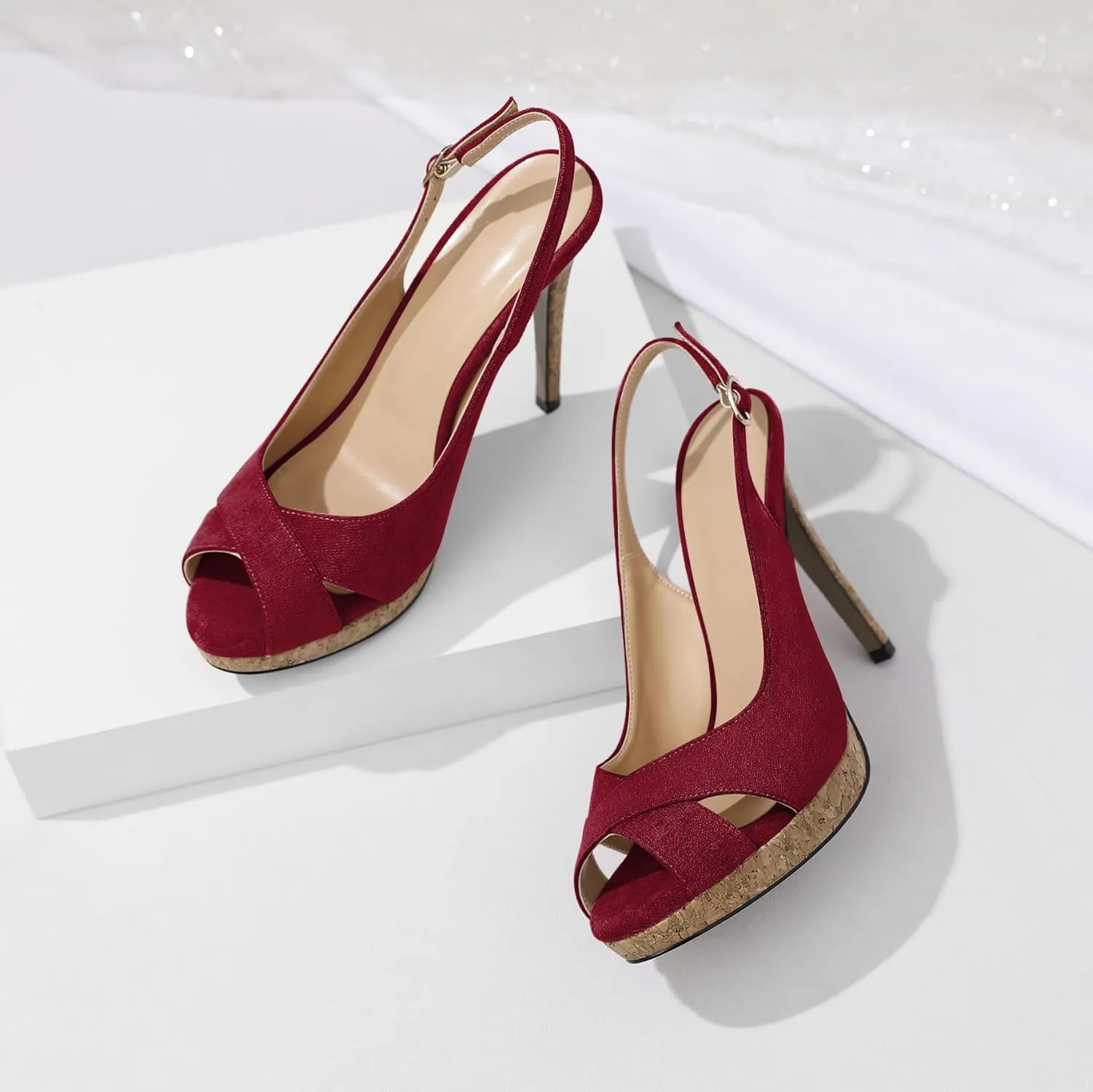 Esvowido Women's Peep Toe High Heels Slingback Cork Heel Platform Stilettos Heeled Sandals Wedding Party Dress Shoes