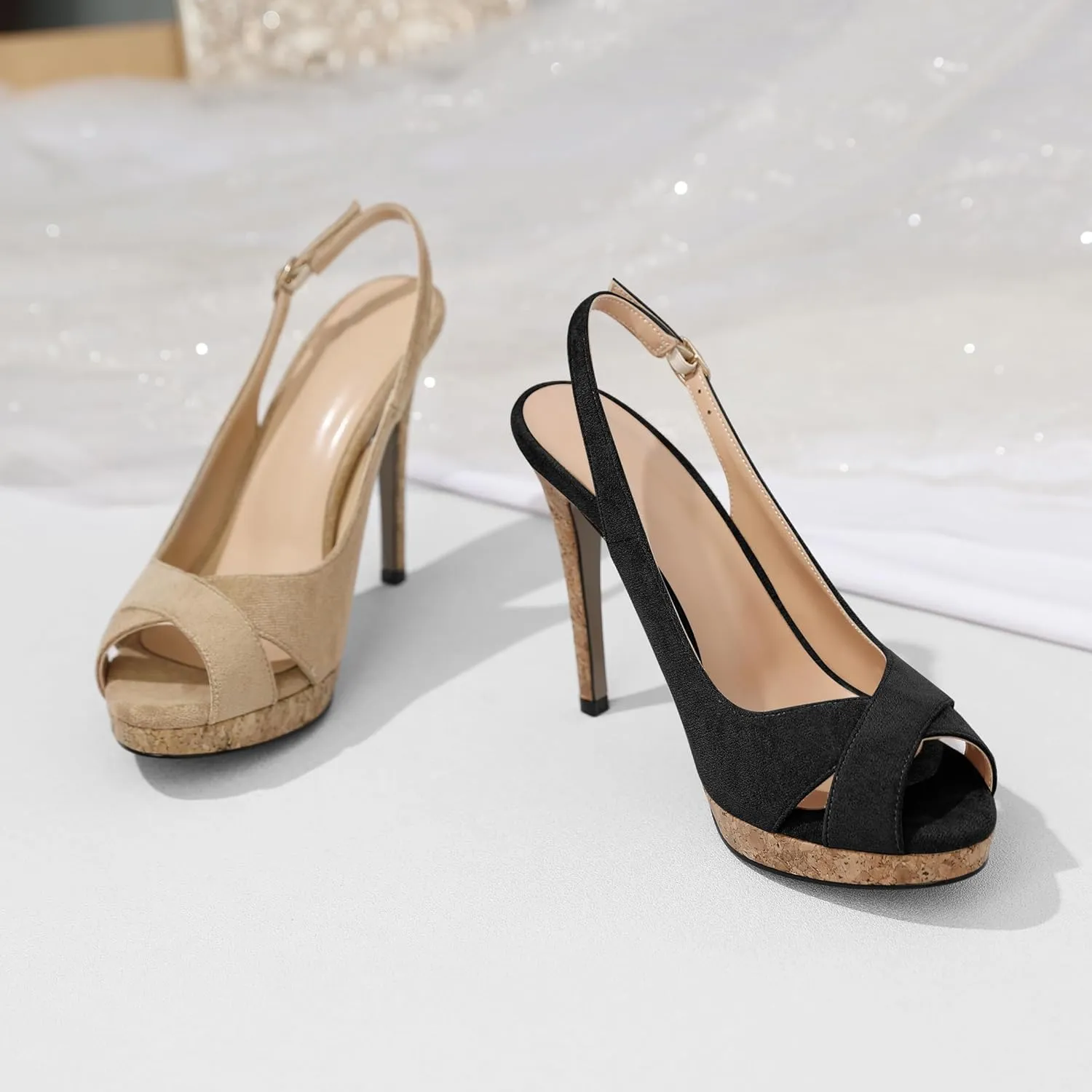 Esvowido Women's Peep Toe High Heels Slingback Cork Heel Platform Stilettos Heeled Sandals Wedding Party Dress Shoes