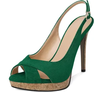 Esvowido Women's Peep Toe High Heels Slingback Cork Heel Platform Stilettos Heeled Sandals Wedding Party Dress Shoes