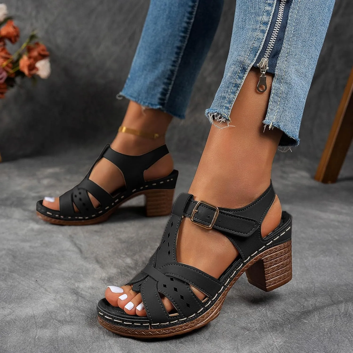 Fashion Strappy Heels for Women Sandals Comfortable Dressy Chunky Block Heel Open Toe Ankle Strap Slip On Mules Slingback Sandals for Women Prom Wedding Heels Boho Beach Sandals