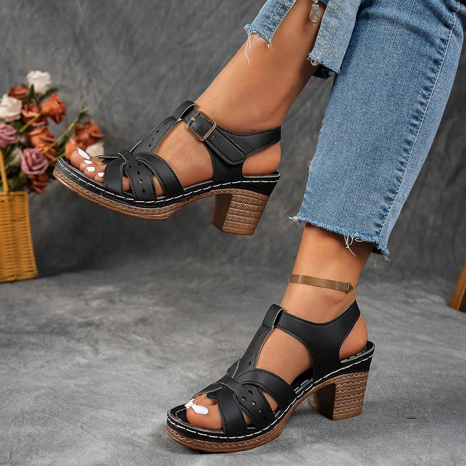 Fashion Strappy Heels for Women Sandals Comfortable Dressy Chunky Block Heel Open Toe Ankle Strap Slip On Mules Slingback Sandals for Women Prom Wedding Heels Boho Beach Sandals