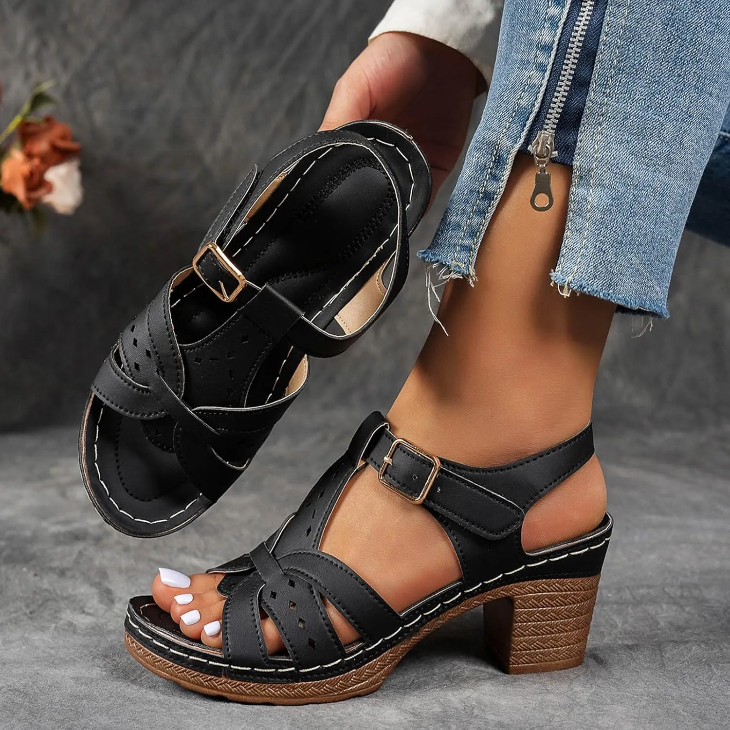 Fashion Strappy Heels for Women Sandals Comfortable Dressy Chunky Block Heel Open Toe Ankle Strap Slip On Mules Slingback Sandals for Women Prom Wedding Heels Boho Beach Sandals