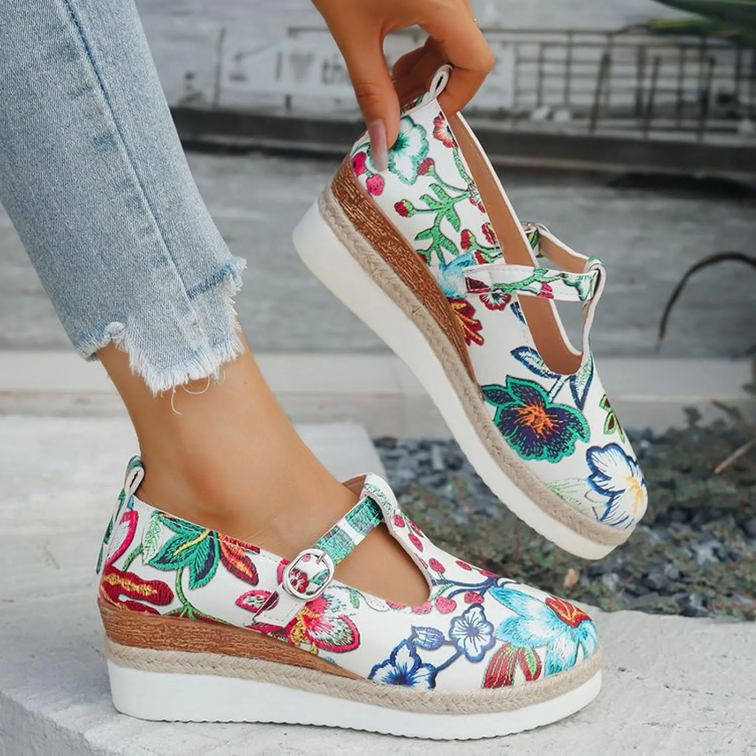 Fashionable Casual Women's Toe Toe High Heeled Solid Color Printed Comfortable Casual Sandals Casual Shoes Canvas