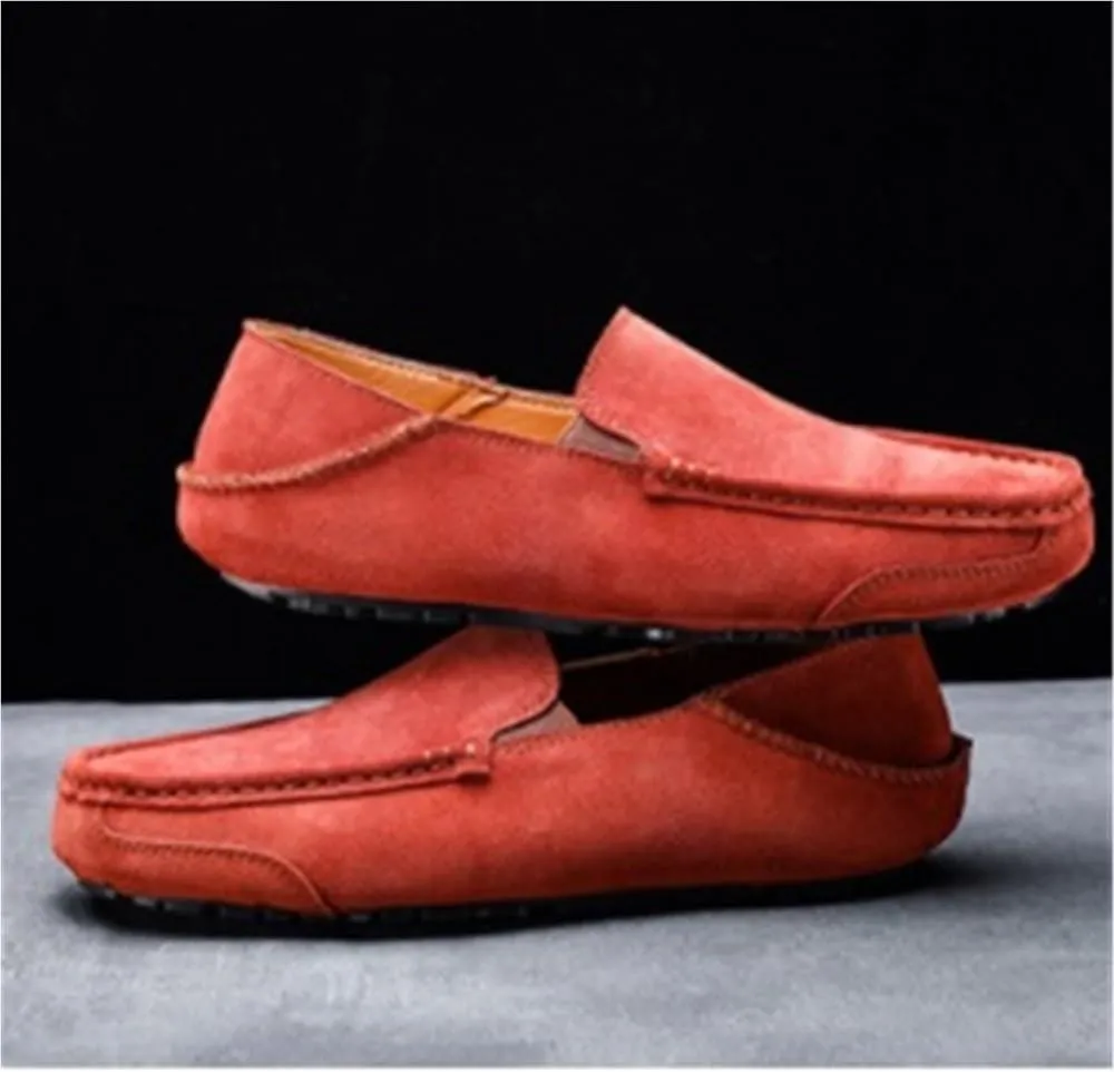 Flat Heel Lightweight Flexible Anti-Slip Mens Loafers Shoe Genuine Leather Suede Vamp Stitching Details