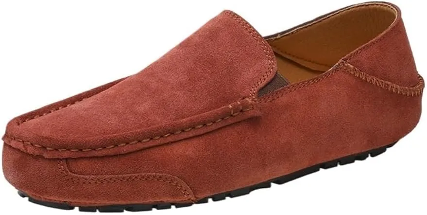 Flat Heel Lightweight Flexible Anti-Slip Mens Loafers Shoe Genuine Leather Suede Vamp Stitching Details