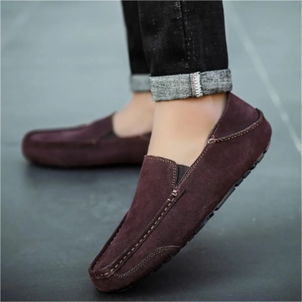 Flat Heel Lightweight Flexible Anti-Slip Mens Loafers Shoe Genuine Leather Suede Vamp Stitching Details