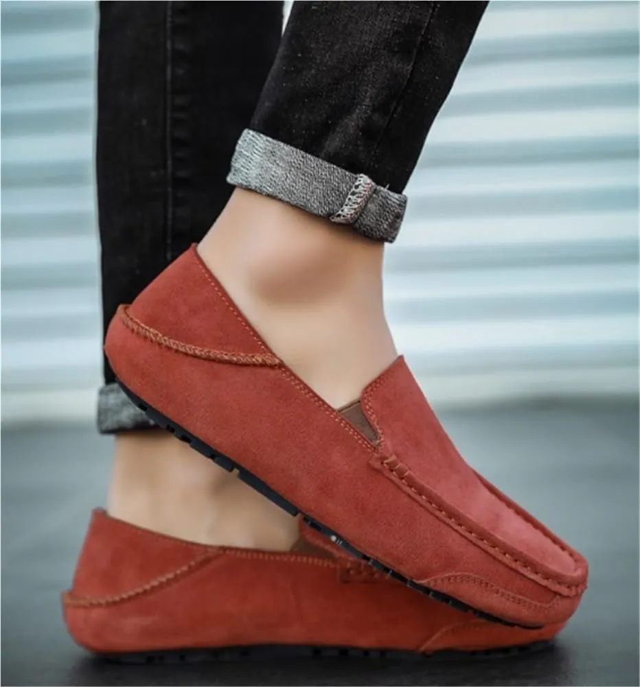 Flat Heel Lightweight Flexible Anti-Slip Mens Loafers Shoe Genuine Leather Suede Vamp Stitching Details