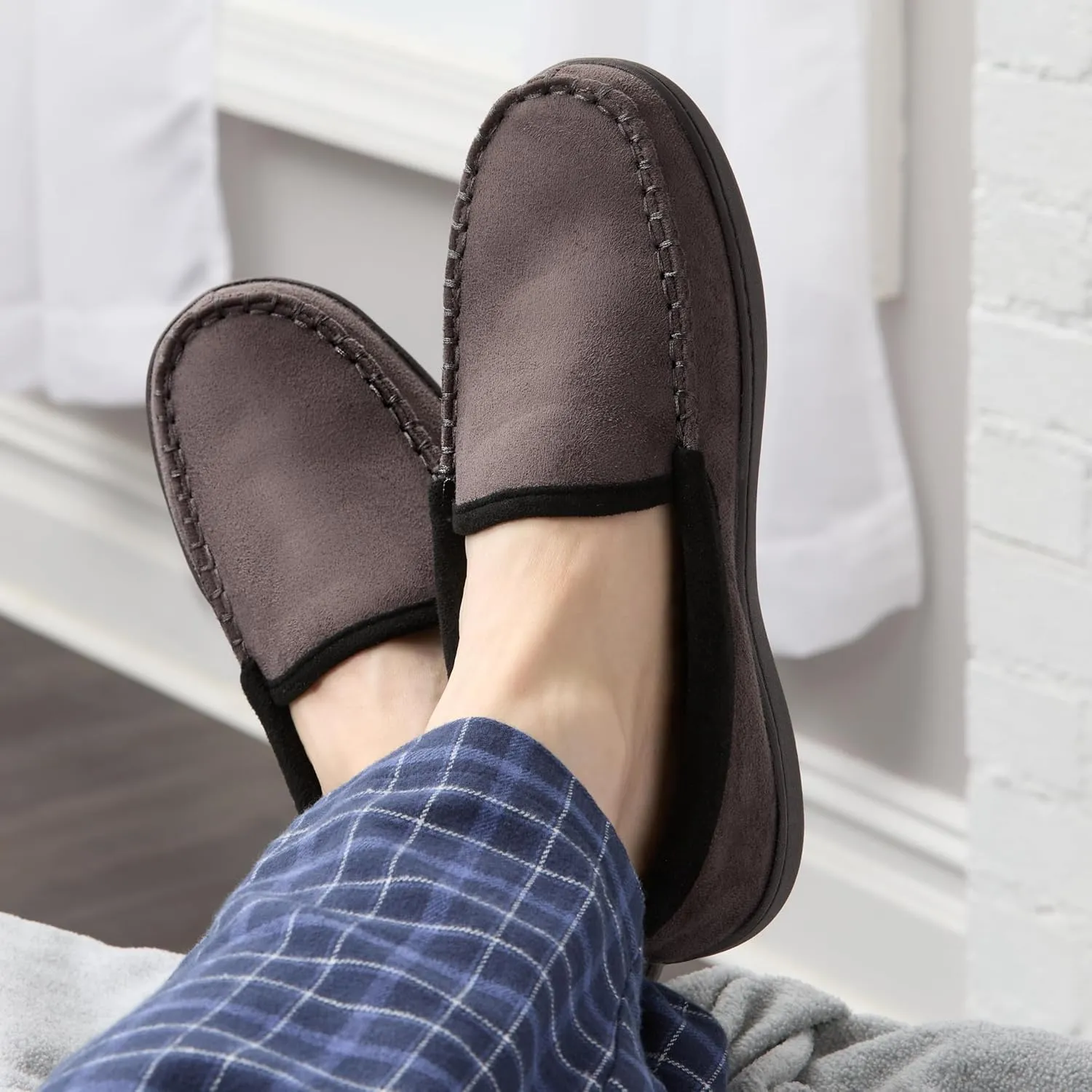 Fruit of the Loom Moccasin Slippers For Men, Memory Foam Sole, Indoor Outdoor