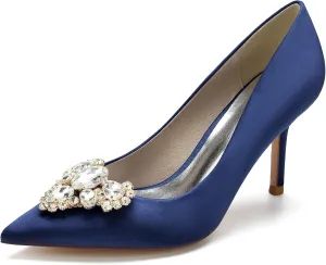 FufoneUS Women's Stiletto High Heel Dress Pumps Pointed Toe Bridal Wedding Evening Prom Shoes with Crystal,Dark Blue,5