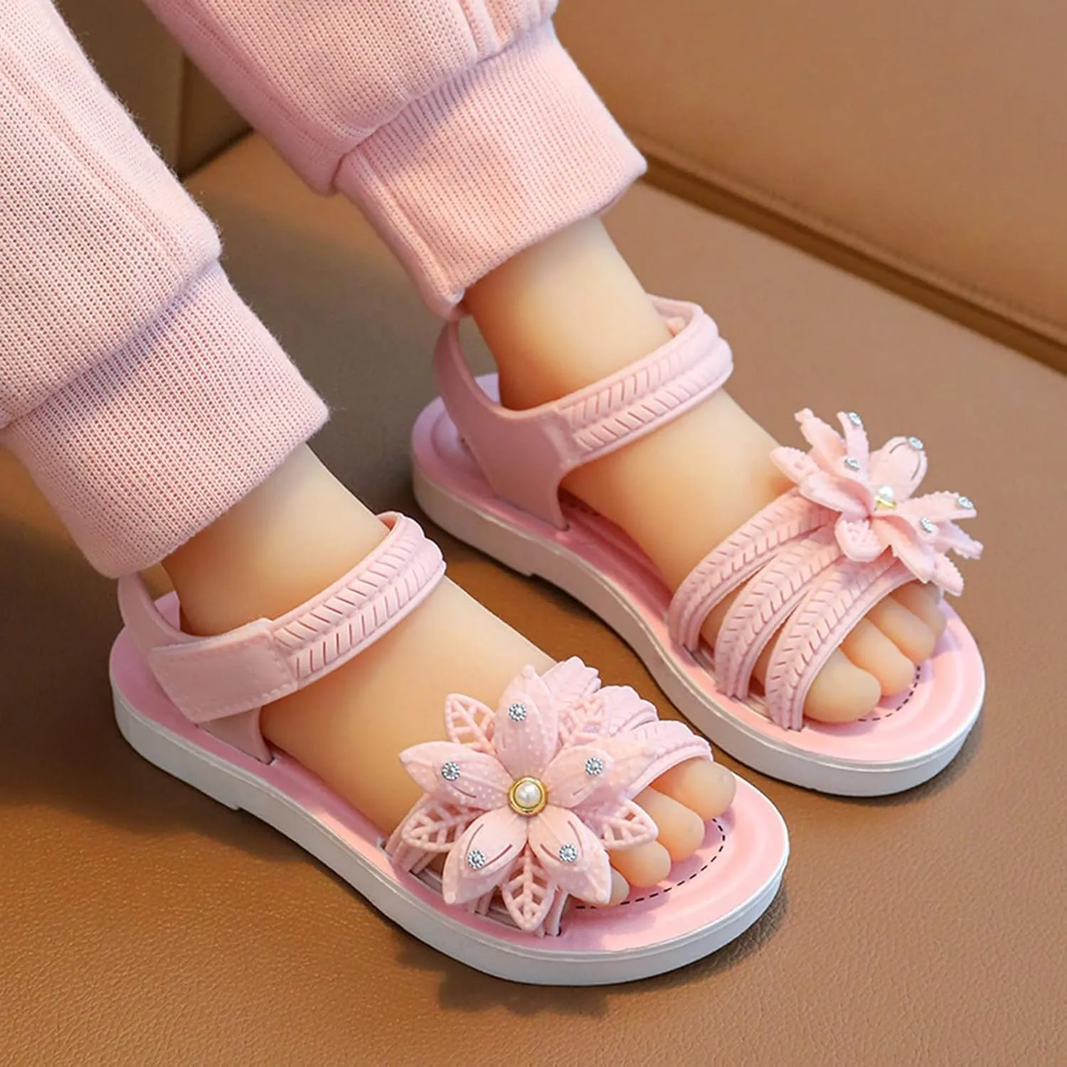 Girls Flower Open Toe Princess Sandals Foam Sole Soft Dress Shoes Baby Kids Summer Casual Slip On Dance Loafers Fashion