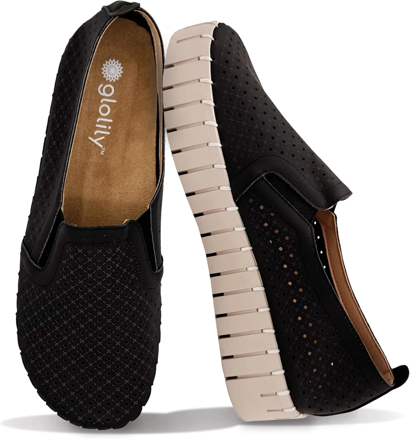 Glolily Elle Platform Perf Women's Comfort Sneakers - Orthotic Lightweight & Flexible Walking Shoes with Arch Support, Comfortable Casual Fashion Shoes for Women
