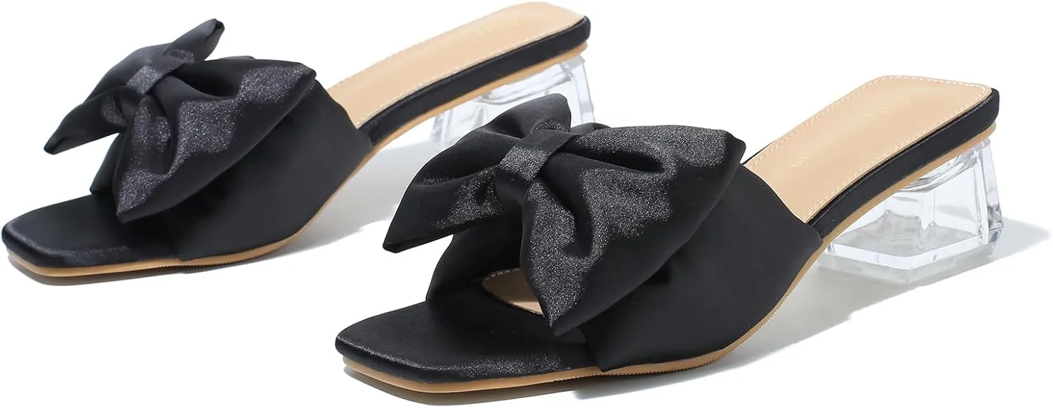 Heiyom Women's Square Toe Low Block Chunky Heels Mules Sandals Bowknot Slip on Clear Heels Wedding Bridal Party Dress Shoes